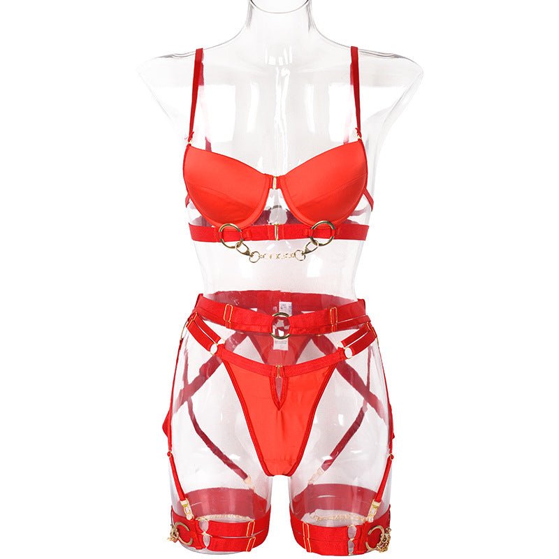 3 - Piece Metallic Punk Solid Color Bra & Thong Set - Play Bunny