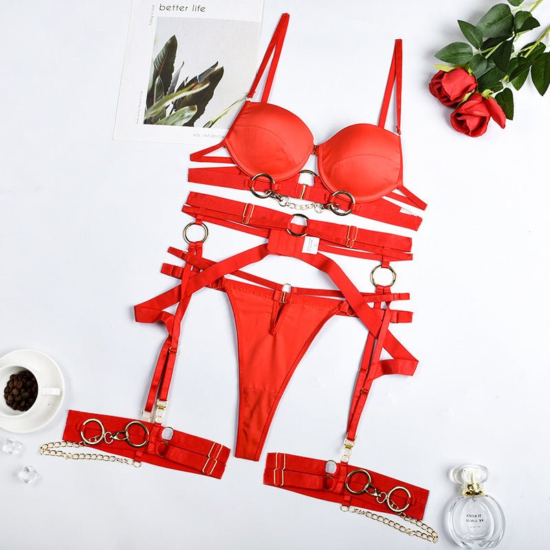 3 - Piece Metallic Punk Solid Color Bra & Thong Set - Play Bunny