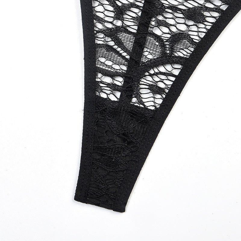 Lace Bodysuit with Multi - Strap Chest Ring and Hollow Design - Play Bunny