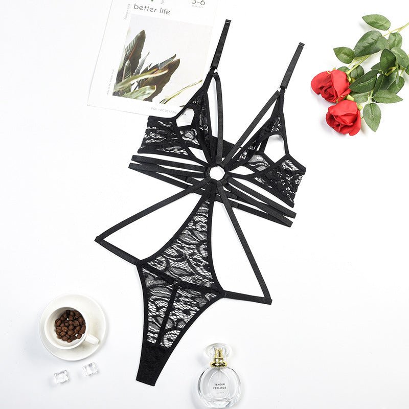 Lace Bodysuit with Multi - Strap Chest Ring and Hollow Design - Play Bunny