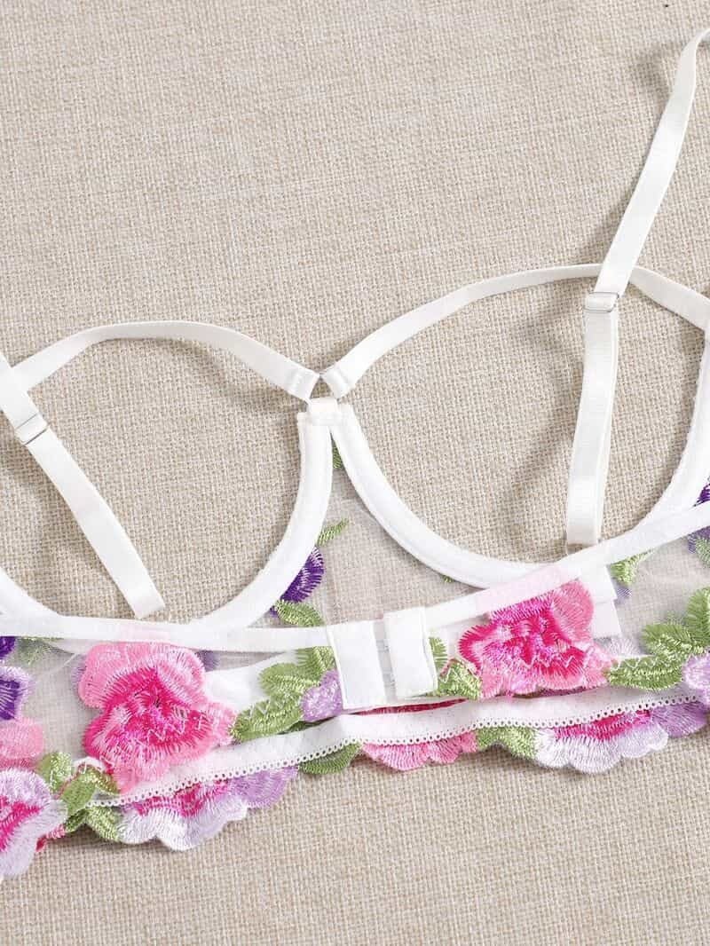 Lace Mesh Embroidered Bra Set - Play Bunny