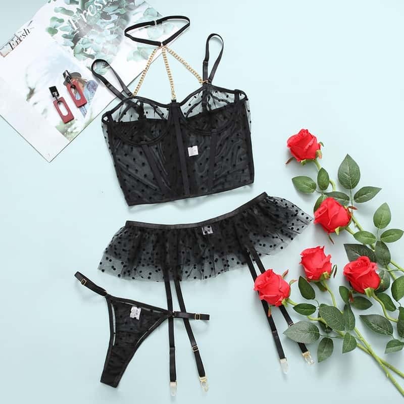 Mesh Polka Dot Ruffle Bustier Bra Set - Play Bunny