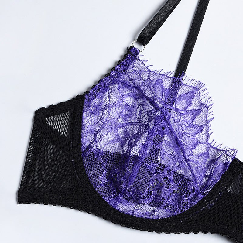 Purple Eyelash Lace Lingerie Set with Garter - Play Bunny