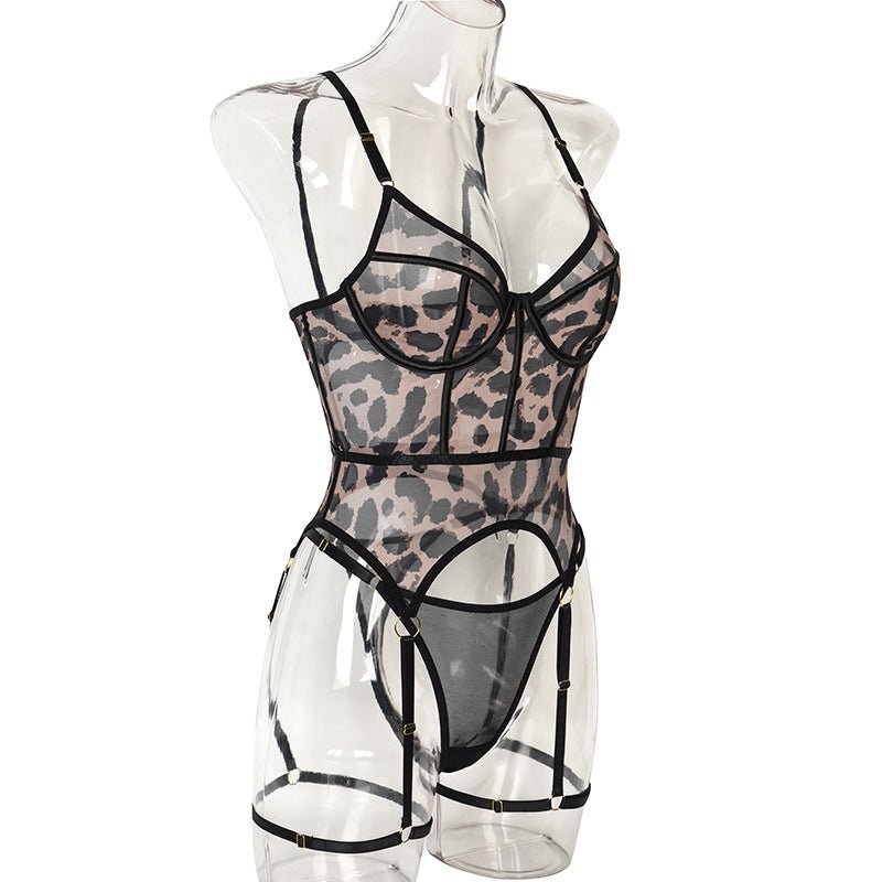 Sheer Mesh Leopard Print Sexy Bustier Set - Play Bunny