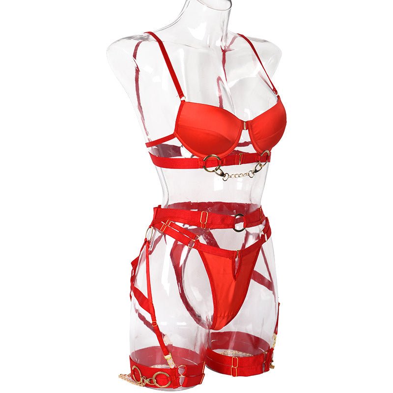 3 - Piece Metallic Punk Solid Color Bra & Thong Set - Play Bunny