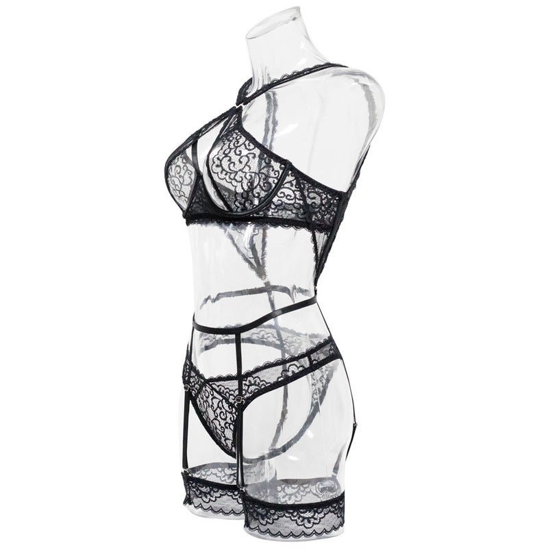 Black Lace Bra Set with Crossover Halter Neck - Play Bunny