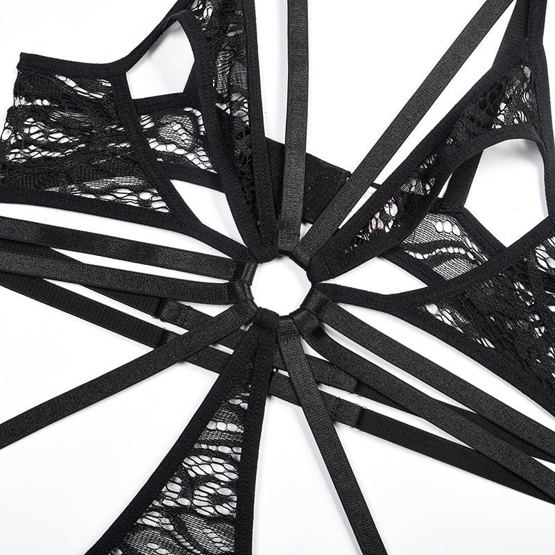 Lace Bodysuit with Multi - Strap Chest Ring and Hollow Design - Play Bunny