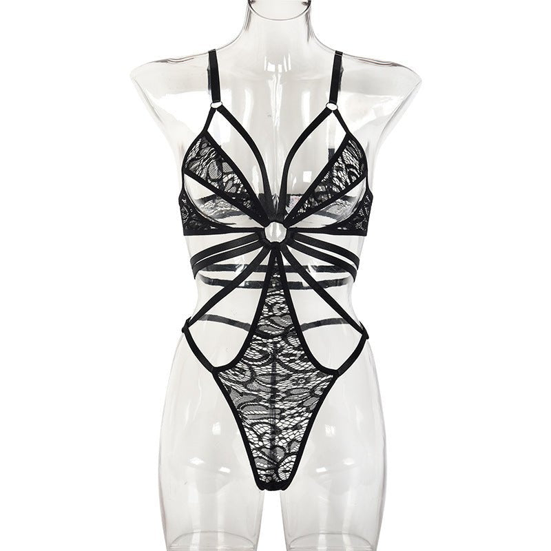 Lace Bodysuit with Multi - Strap Chest Ring and Hollow Design - Play Bunny