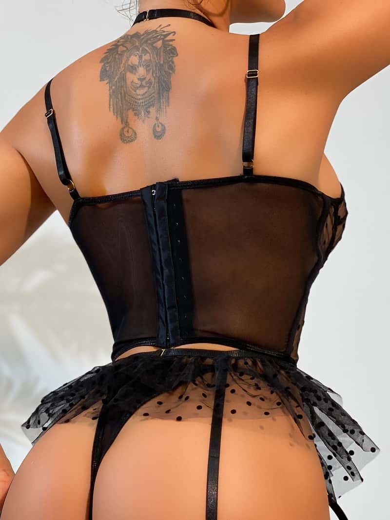 Mesh Polka Dot Ruffle Bustier Bra Set - Play Bunny
