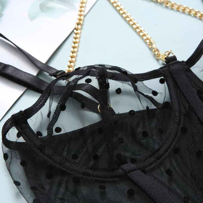 Mesh Polka Dot Ruffle Bustier Bra Set - Play Bunny