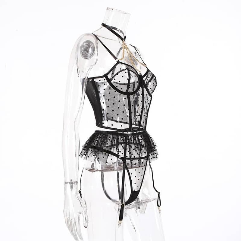 Mesh Polka Dot Ruffle Bustier Bra Set - Play Bunny