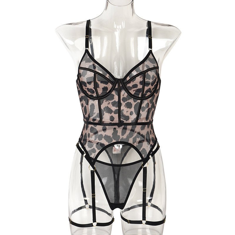 Sheer Mesh Leopard Print Sexy Bustier Set - Play Bunny