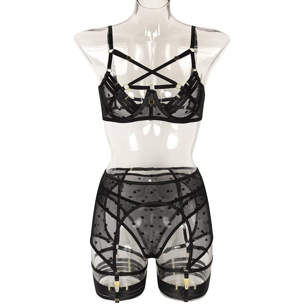 Sheer Mesh Polka Dot Bra Set - Play Bunny